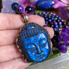 Load image into Gallery viewer, Peaceful Buddha 108 Mala Necklace - Galaxy Tigers Eye + Amethyst + Blue Aura Quartz