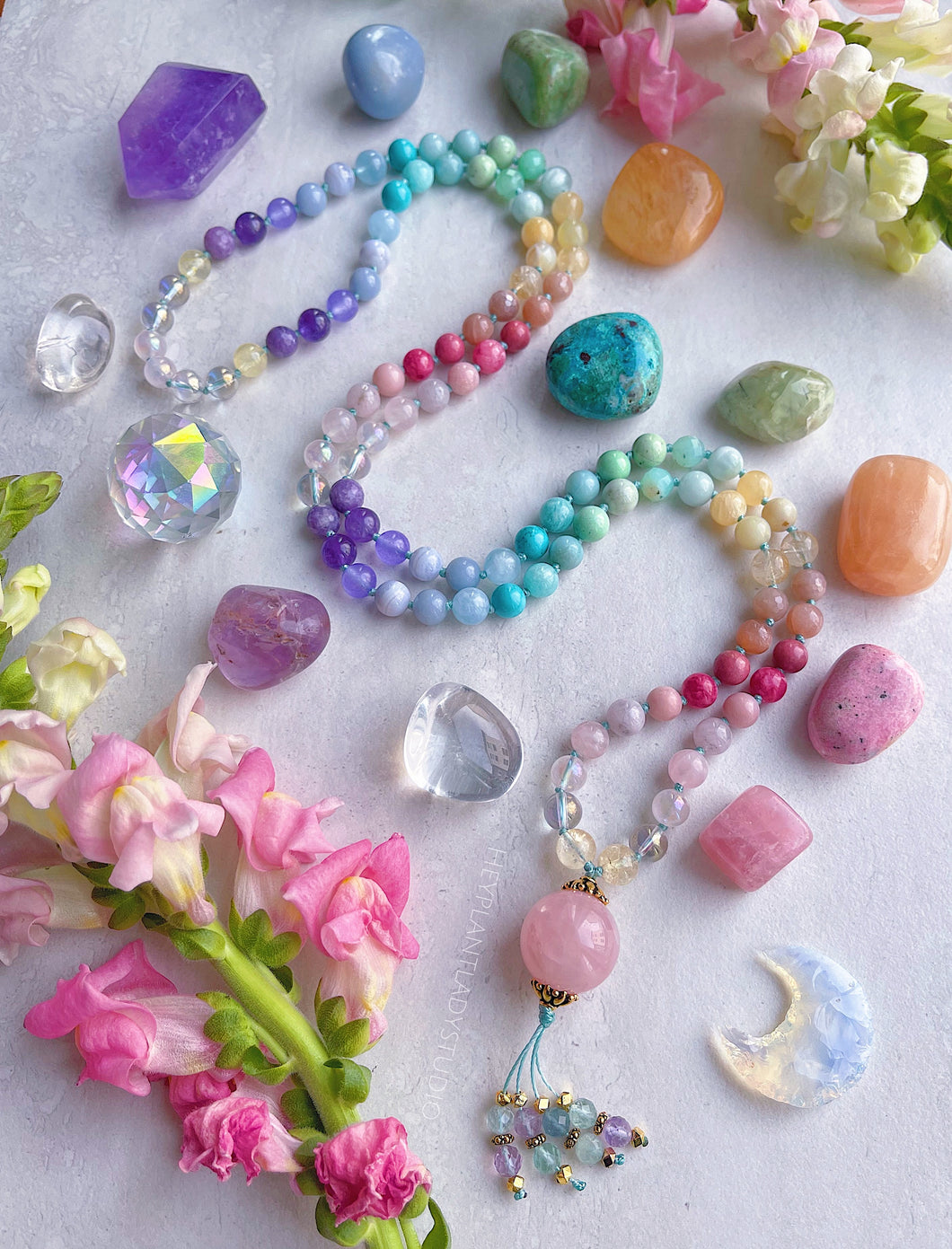 Joy in the Journey - 108 Rainbow Gemstone Mala Necklace + Rose Quartz Guru Bead