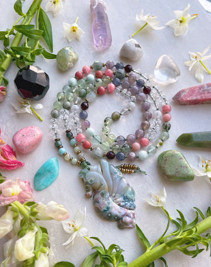 Gentle Harmony - Vintage Ocean Jasper Seahorse Carving + AAA Rhodochrosite