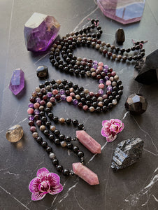 Shadow Work - 108 Mala Necklace - Madagascar Rose Quartz + Amethyst + Black Tourmaline + Black Moonstone + Garnet + Kunzite + Onyx + Pink Tourmaline + Mystic Moonstone