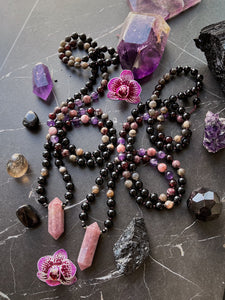 RESERVED - Shadow Work - 108 Mala Necklace - Madagascar Rose Quartz + Amethyst + Black Tourmaline + Black Moonstone + Garnet + Kunzite + Onyx + Pink Tourmaline + Mystic Moonstone