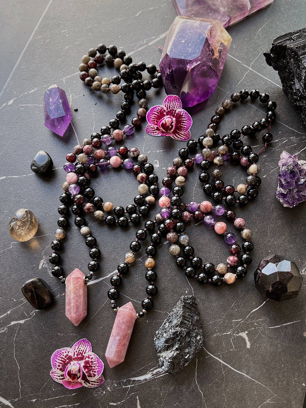 RESERVED Shadow Work - 108 Mala Necklace - Madagascar Rose Quartz + Amethyst + Black Tourmaline + Black Moonstone + Garnet + Kunzite + Onyx + Pink Tourmaline + Mystic Moonstone
