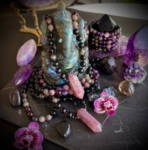 RESERVED - Shadow Work - 108 Mala Necklace - Madagascar Rose Quartz + Amethyst + Black Tourmaline + Black Moonstone + Garnet + Kunzite + Onyx + Pink Tourmaline + Mystic Moonstone