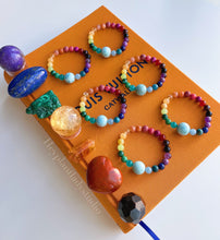 Load image into Gallery viewer, 15mm Larimar + Kaleidoscope - Rainbow Gemstone Stretch Mala Bracelet