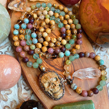 Load image into Gallery viewer, Reserved - Pre-Order - Desert Enchantment Mala Necklace Set - Picture Jasper Skull + Emerald + Green Garnet + Golden Rutile Quartz