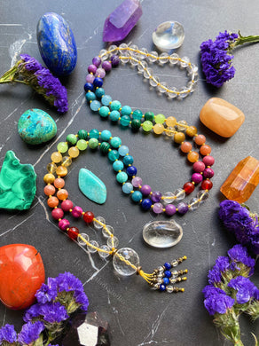 Kaleidoscope - Rainbow Gemstone 108 Mala Bead Necklace - Quartz Guru - Lapis Lazuli + Quartz Beaded Tassel (40