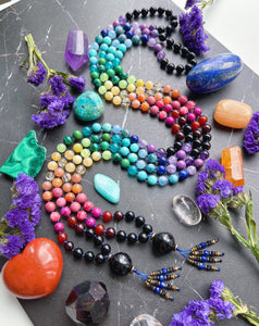Kaleidoscope - Rainbow Gemstone 108 Mala Bead Necklace - Onyx Guru - Lapis Lazuli + Onyx Beaded Tassel (40") - Blue Cord