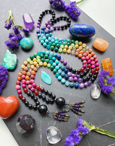 Kaleidoscope - Rainbow Gemstone 108 Mala Bead Necklace - Onyx Guru - Amethyst + Onyx Beaded Tassel (40") - Black Cord