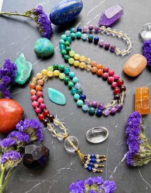 RESERVED - Kaleidoscope - Rainbow Gemstone 108 Mala Bead Necklace - Quartz Guru - Lapis Lazuli + Quartz Beaded Tassel (40