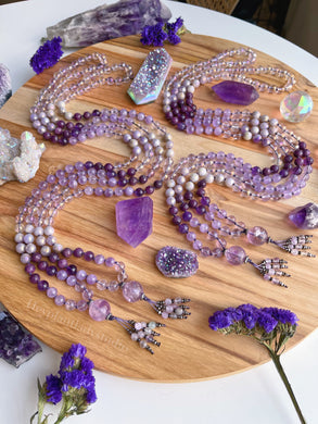 Cultivating Inner Peace - 108 Mala Bead Necklace - AAA Rubies + Lavender Amethyst + Aura Quartz + Lavender Amethyst Guru - Amethyst Beaded Tassel