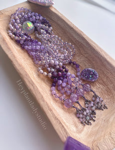 Cultivating Inner Peace - 108 Mala Bead Necklace - AAA Rubies + Lavender Amethyst + Aura Quartz + Lavender Amethyst Guru - Amethyst Beaded Tassel