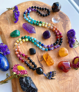 Kaleidoscope - Rainbow Gemstone 108 Mala Bead Necklace - Onyx Guru - Lapis Lazuli + Onyx Beaded Tassel (40