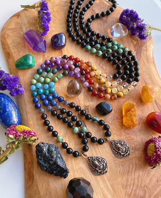 Devotion - Chakra Gemstone 108 Mala Bead Necklace - Bronze Ganesha