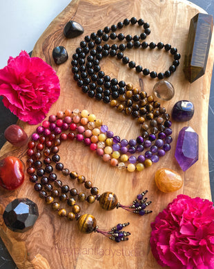 Ancient Sunlight  - Sunset Gemstone 108 Mala Bead Necklace - Tigers Eye Guru - Amethyst Tassel