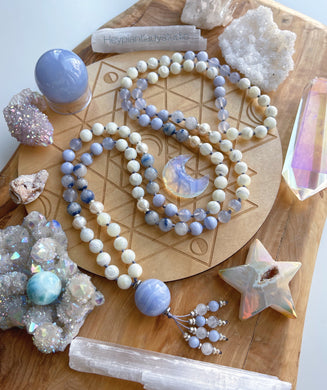 Passing Clouds - Mother of Pearl, Blue Chalcedony, Blue Lace Agate, Freshwater Pearl, Rainbow Moonstone, Dumortierite in Quartz - 108 Mala Necklace