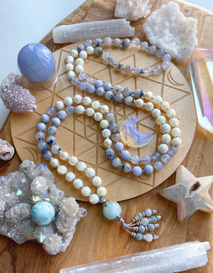 RESERVED - Passing Clouds - Mother of Pearl, Blue Chalcedony, Blue Lace Agate, Aquamarine, Freshwater Pearl, Moonstone, Dumortierite in Quartz Karen Hill Tribe Silver - 108 Mala Necklace