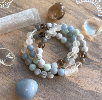 Divine Bliss - Smoky Quartz + Angelite + Labradorite + Selenite + Green Moonstone + Howlite + Quartz Gemstone Stretch Mala Bracelet