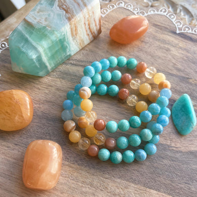Sunshine Soul - Amazonite + Aquamarine + Honey Calcite + Citrine Stretch Mala Bracelet