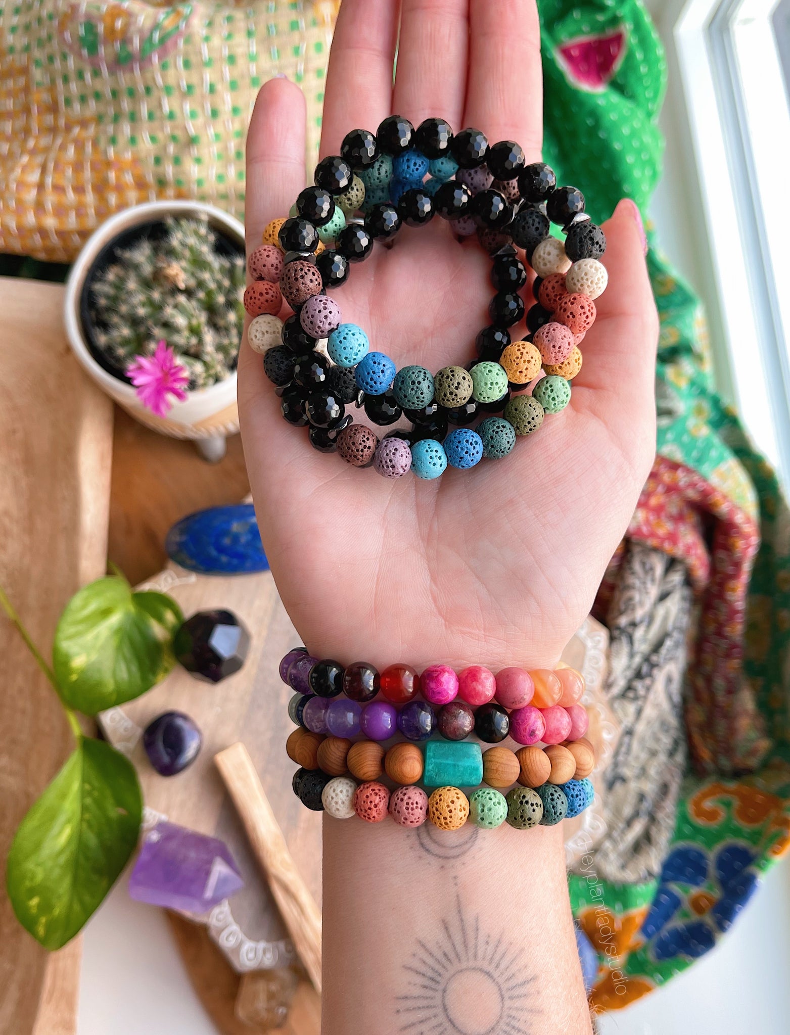 Rainbow Lava Diffuser Beads AAA Faceted Onyx Stretch Mala