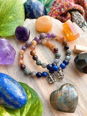 Ganesha's Blessings - Golden Rutile Quartz, AAA Sunstone, AAA Lapis Lazuli, Sodalite, Labradorite, Garnet, Lepidolite, Phantom Quartz, Lava Diffuser Beads Stretch Mala Bracelet