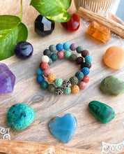 Load image into Gallery viewer, Chunky Rainbow Lava Bead Diffuser + Sterling Silver OM Charm Stretch Mala Bracelet