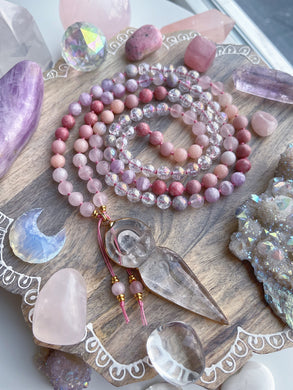 Awakening the Goddess - Quartz Goddess Carving + Thulite 108 Mala Bead Necklace