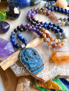 Ganesha's Blessings - Labradorite Ganesha Carving + Gemstone 108 Mala Bead Necklace
