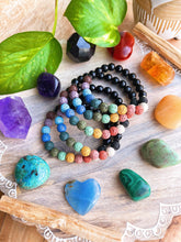 Load image into Gallery viewer, Rainbow Lava Diffuser Beads + AAA Faceted Onyx Stretch Mala Bracelet