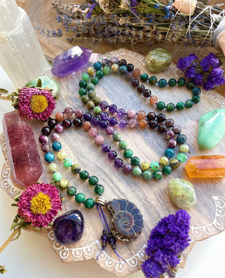 Unravel the Magic Within - Ammonite + Muscovite + Chrysoprase + Kunzite + Sunstone + Fuchsite + Red Tourmaline + 108 Mala Bead Necklace