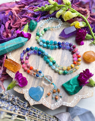 Happy Thoughts  - Rainbow Gemstone 108 Mala Bead Necklace - Clear Quartz Guru - Beaded Tassel