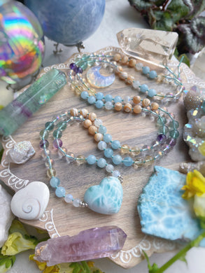 Heart of Atlantis - Larimar Heart + AAA Fluorite + AAA Rainbow Moonstone + Citrine + Mother of Pearl + Aura Quartz + Aquamarine