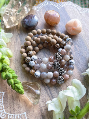 Stress Free - 925 Silver Buddha - Tibetan OM Conch Shell, Gray Agate, Silk Wood, Sunstone, Silverite, Howlite Gemstone Stretch Mala Bracelet
