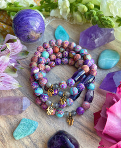 Joyful Spirit - Hamsa + Purple Fluorite, Labradorite, Galaxy Jasper Stretch Mala Bracelet