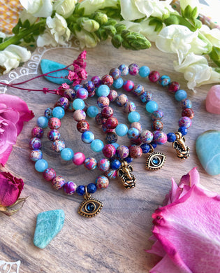 Optimistic Outlook - Lapis Lazuli, Fire Agate, Sea Sediment Jasper Stretch Mala Bracelet