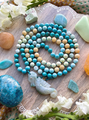 RESERVED - Sunshine Seas - Carved Ocean Jasper Seahorse, Yellow Calcite, Burmese Jade, Turquoise, Magnesite