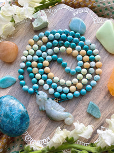 RESERVED - Sunshine Seas - Carved Ocean Jasper Seahorse, Yellow Calcite, Burmese Jade, Turquoise, Magnesite