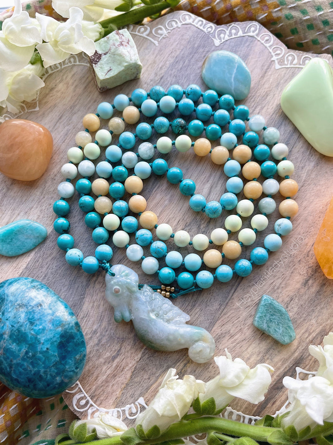 RESERVED - Sunshine Seas - Carved Ocean Jasper Seahorse, Yellow Calcite, Burmese Jade, Turquoise, Magnesite