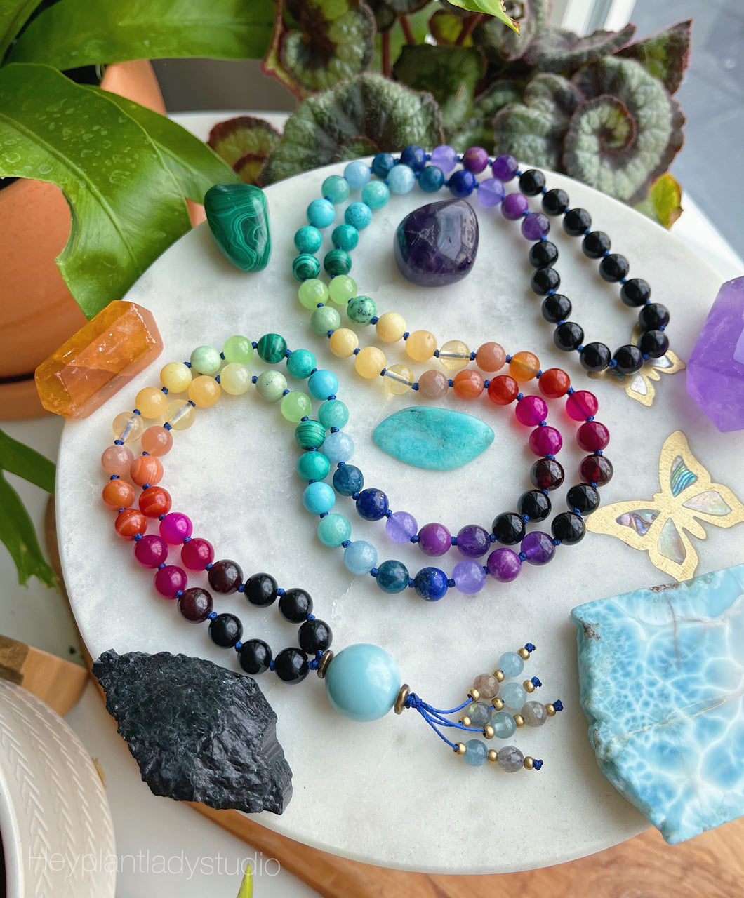 Rainbow Sea - Larimar + Rainbow Gemstone 108 Mala Bead Necklace - Larimar Guru - Labradorite + Aquamarine Beaded Tassel (40