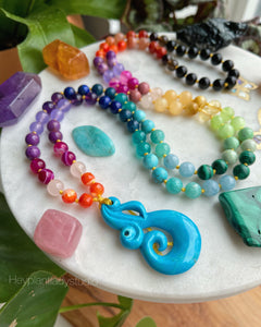 Sunshine Rainbow  - Vintage Turquoise Māori Style Koru (Spiral) Carving + Rainbow Gemstone 108 Mala Bead Necklace