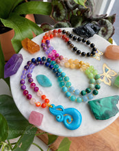 Load image into Gallery viewer, Sunshine Rainbow  - Vintage Turquoise Māori Style Koru (Spiral) Carving + Rainbow Gemstone 108 Mala Bead Necklace
