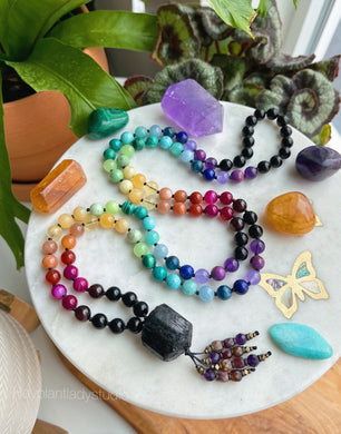 RESERVED - Black Tourmaline + Rainbow Gemstone 108 Mala Bead Necklace - Tourmaline + Amethyst Beaded Tassel (40