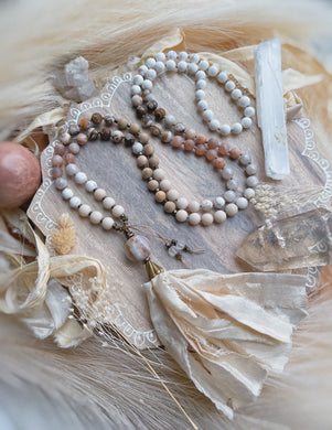 Calm + Serene Mala Necklace -  Howlite + African Zebra Jasper + Silverite + Peach Moonstone + Silk Wood + Amazonite Guru + Cream Sari Silk Tassel