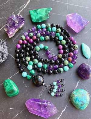 Stand in Your Power - 108 Mala Bead Necklace - Onyx Guru - Amazonite + Amethyst + Onyx Tassel
