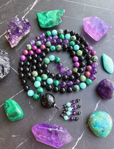 Stand in Your Power - 108 Mala Bead Necklace - Onyx Guru - Amazonite + Amethyst + Onyx Tassel