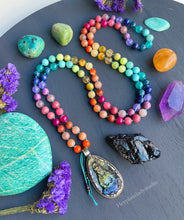Load image into Gallery viewer, Rainbow Flash Labradorite + Rainbow Gemstone 108 Mala Bead Necklace (40&quot;) - Turquoise Cord