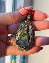 Load image into Gallery viewer, Rainbow Flash Labradorite + Rainbow Gemstone 108 Mala Bead Necklace (40&quot;) - Turquoise Cord