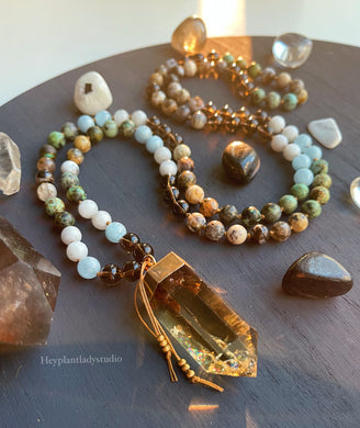 Turn up the Sunshine - Rainbow Inclusion Smoky Quartz + African Opal + Moonstone + Aquamarine + African Turquoise + Smoky Quartz Gemstone 108 Mala Bead Necklace