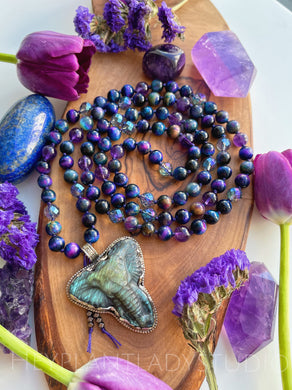 Elephant 1 -  Labradorite Elephant Carving - Galaxy Tigers Eye + Amethyst + Blue Aura Quartz 108 Mala Necklace