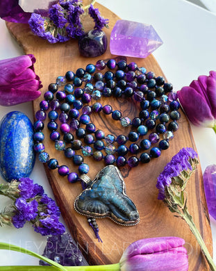 Elephant 3 -  Labradorite Elephant Carving - Galaxy Tigers Eye + Amethyst + Blue Aura Quartz 108 Mala Necklace