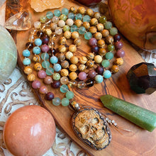 Load image into Gallery viewer, Reserved - Pre-Order - Desert Enchantment Mala Necklace Set - Picture Jasper Skull + Emerald + Green Garnet + Golden Rutile Quartz